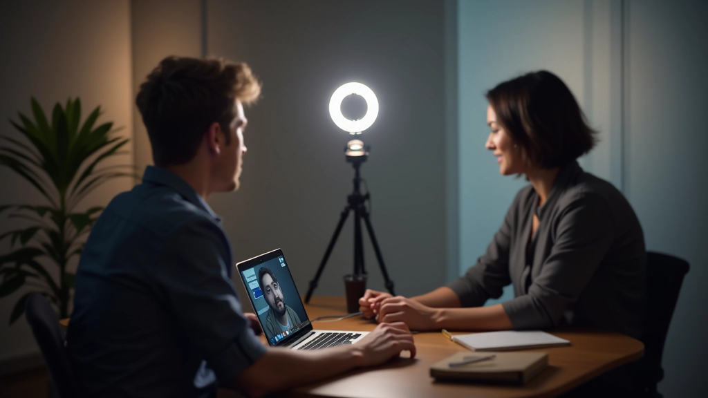 Escritorio profesional con anillo de luz LED montado, laptop con videollamada, iluminación suave y uniforme en rostro de persona