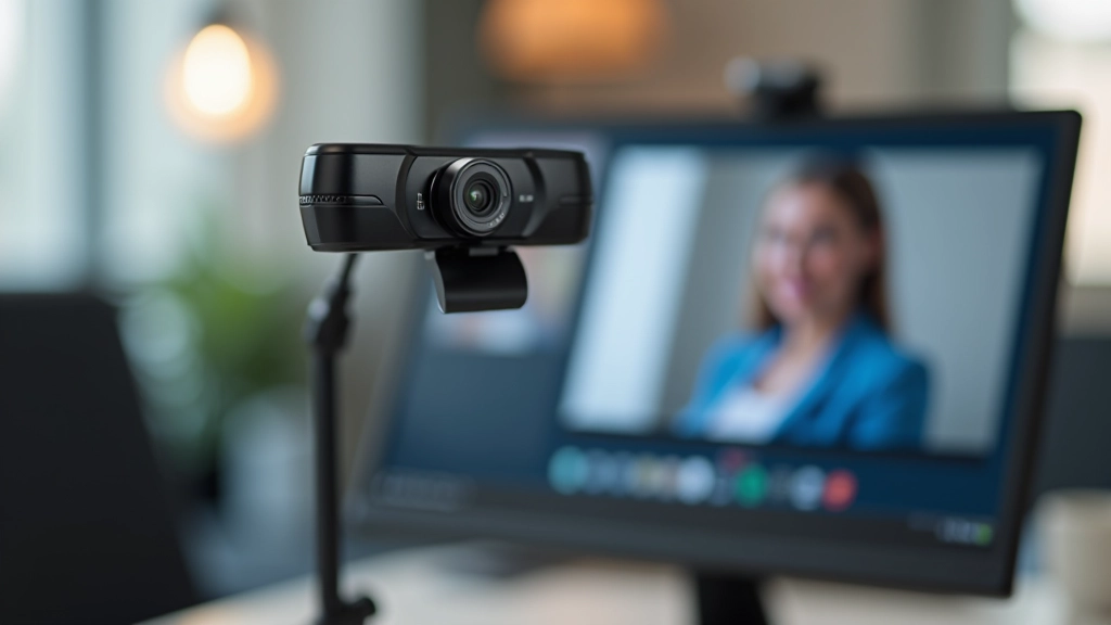 Cámara web HD mounted on top of monitor with laptop screen showing video call interface in background