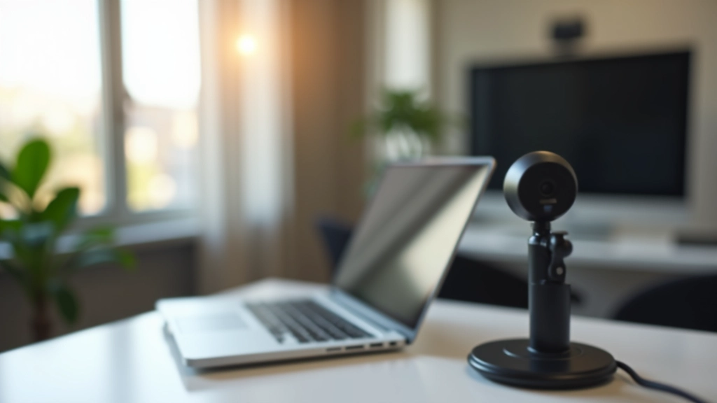 Configuración profesional de micrófono y cámara para videoconferencias en escritorio moderno