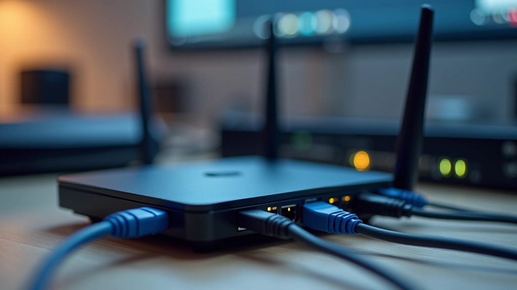 Router WiFi con cables de red ethernet conectados, ubicado en escritorio moderno junto a otros equipos de red