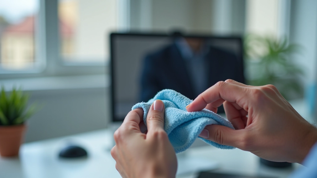 Primer plano de lente de cámara web siendo limpiado con paño microfiber suave, escritorio con herramientas de limpieza profesional