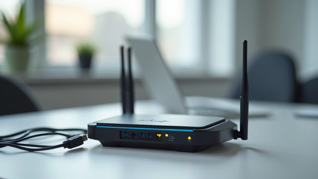 Router WiFi profesional con cables de conexión en ambiente de oficina moderna